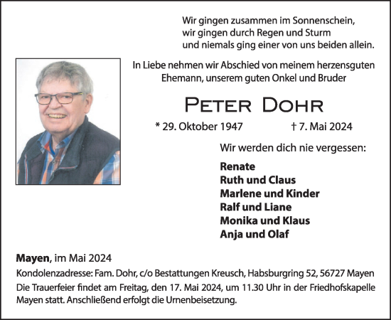 Traueranzeige von Peter Dohr von WochenSpiegel