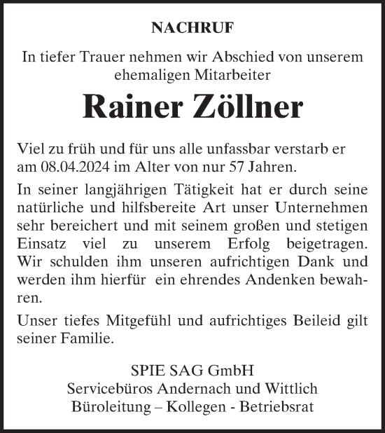 Traueranzeige von Rainer Zöllner von WochenSpiegel