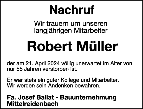 Traueranzeige von Robert Müller von WochenSpiegel