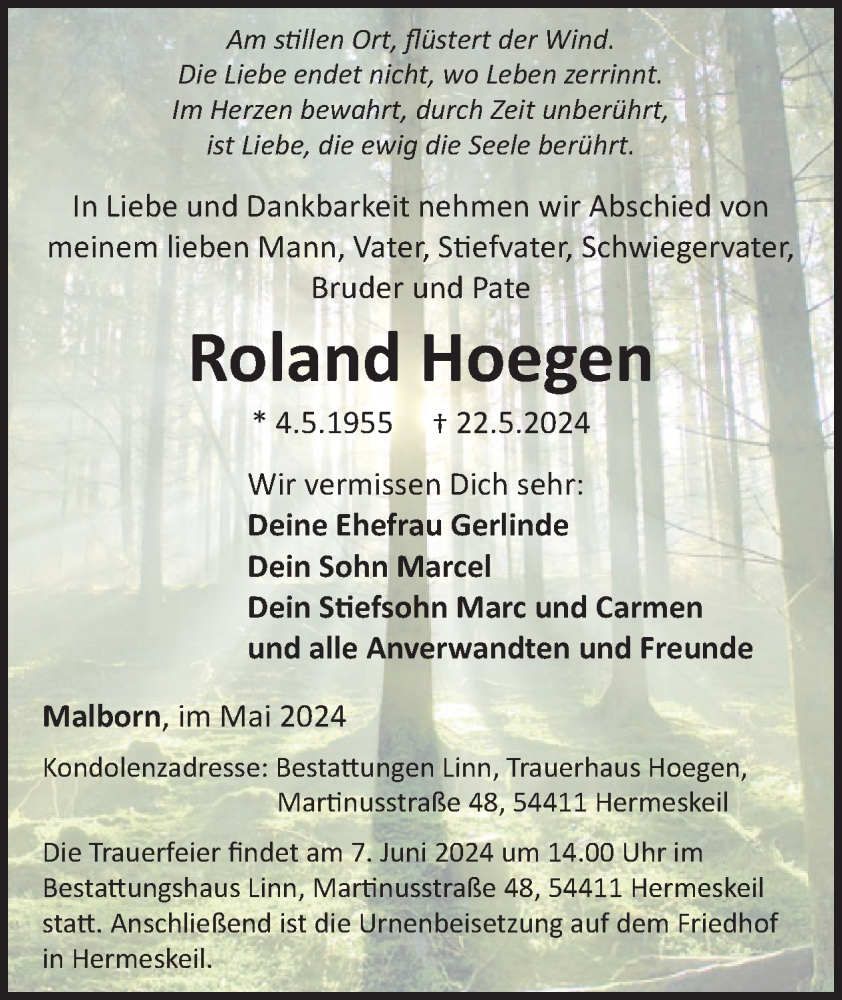  Traueranzeige für Roland Hoegen vom 31.05.2024 aus WochenSpiegel