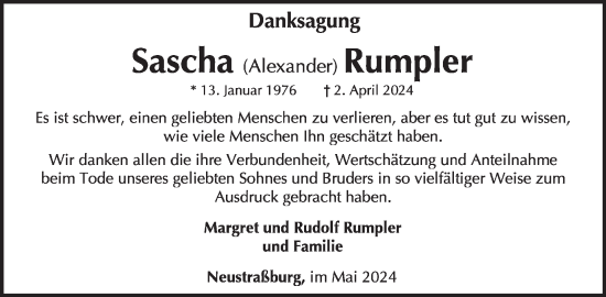 Traueranzeige von Sascha Alexander Rumpler von WochenSpiegel