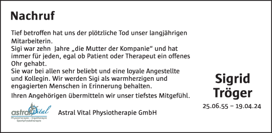 Traueranzeige von Sigi Tröger von WochenSpiegel