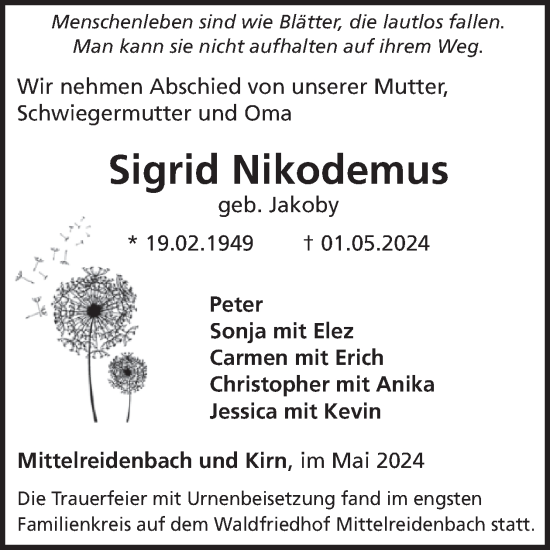 Traueranzeige von Sigrid Nikodemus von WochenSpiegel