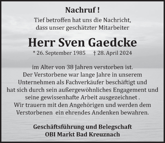 Traueranzeige von Sven Gaedcke von WochenSpiegel