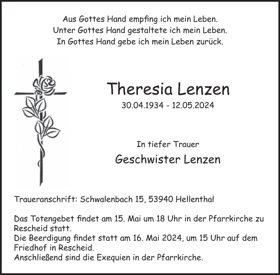 Traueranzeige von Theresia Lenzen von WochenSpiegel Trauer