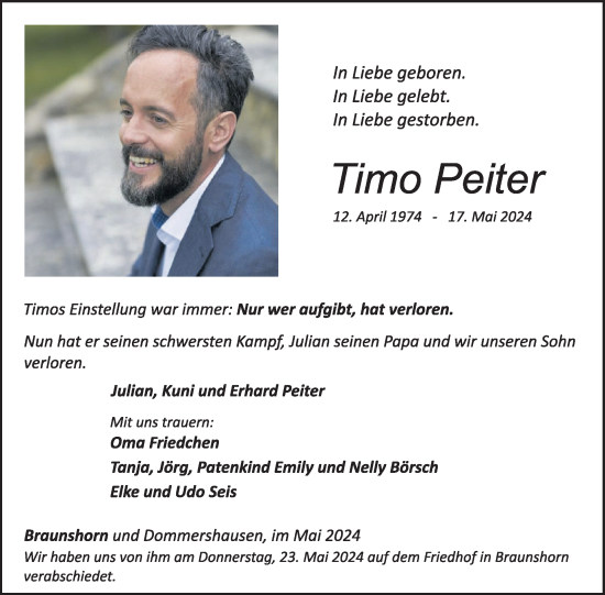 Traueranzeige von Timo Peiter von WochenSpiegel