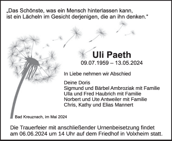 Traueranzeige von Uli Paeth von WochenSpiegel