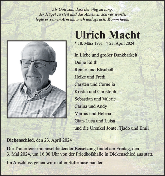 Traueranzeige von Ulrich Macht von WochenSpiegel