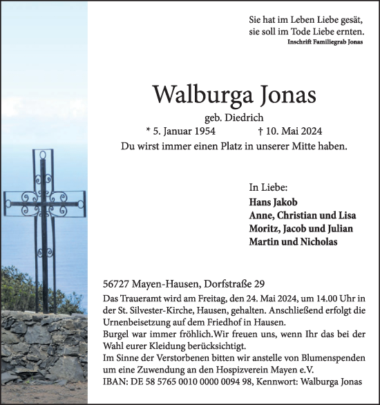 Traueranzeige von Walburga Jonas von WochenSpiegel