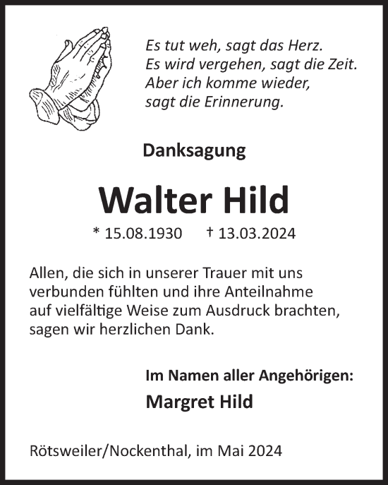 Traueranzeige von Walter Hild von WochenSpiegel