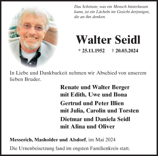 Traueranzeige von Walter Seidl von WochenSpiegel