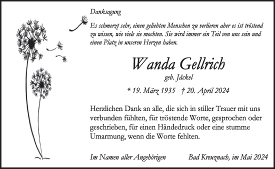 Traueranzeige von Wanda Gellrich von WochenSpiegel