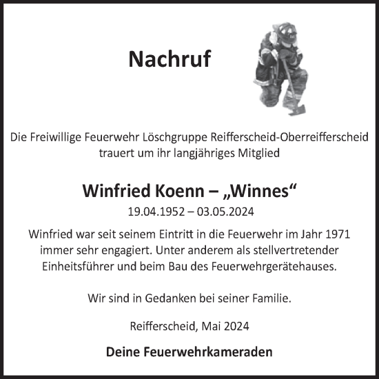 Traueranzeige von Winfried Koenn von WochenSpiegel Trauer