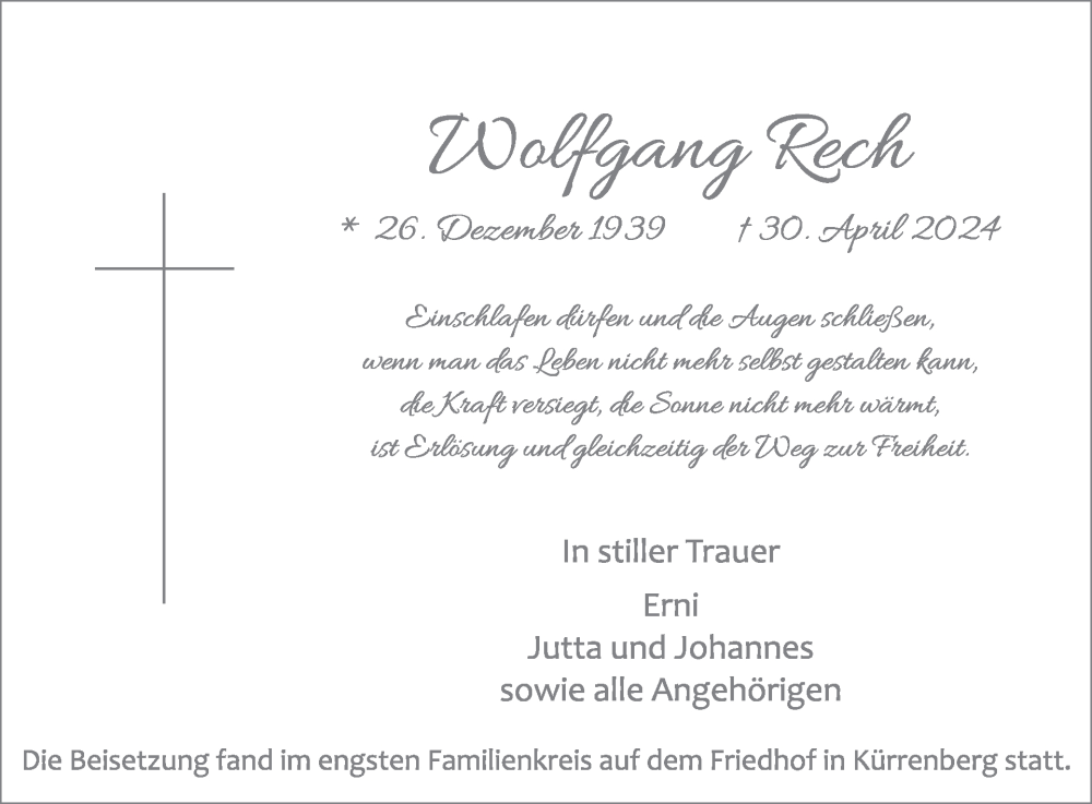  Traueranzeige für Wolfgang Rech vom 22.05.2024 aus WochenSpiegel