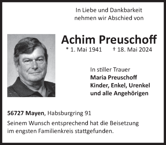 Traueranzeige von Achim Preuschoff von WochenSpiegel