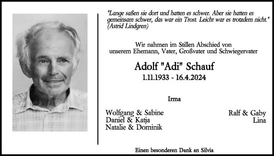 Traueranzeige von Adolf Schauf von WochenSpiegel