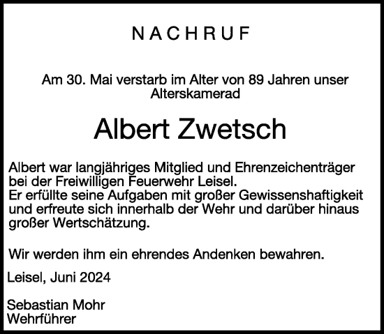 Traueranzeige von Albert Zwetsch von WochenSpiegel