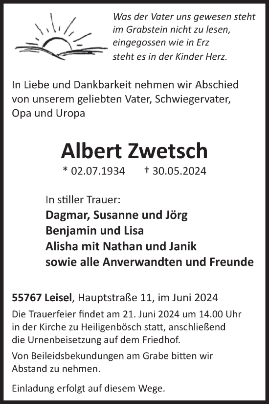 Traueranzeige von Albert Zwetsch von WochenSpiegel
