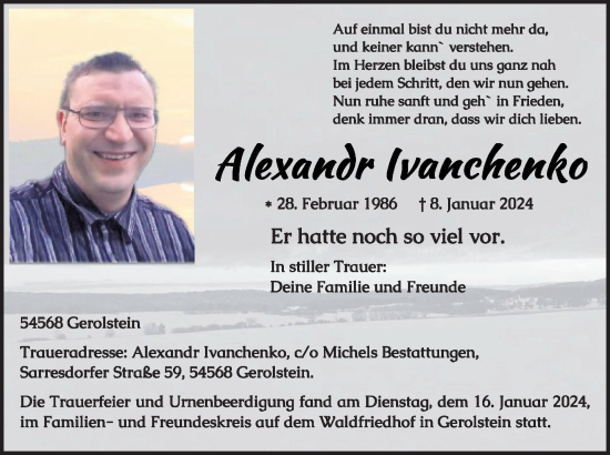 Traueranzeige von Alexander Ivanchenko von WochenSpiegel