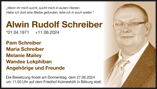 Traueranzeige von Alwin Rudolf Schreiber von WochenSpiegel