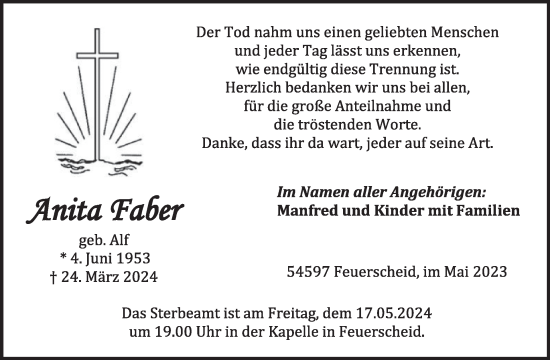 Traueranzeige von Anita Faber von WochenSpiegel