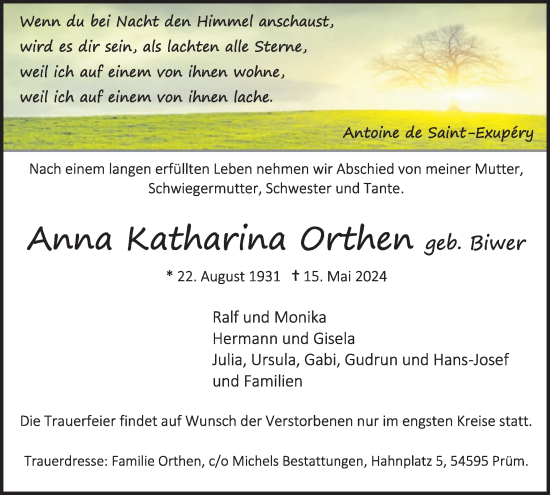 Traueranzeige von Anna Orthen von WochenSpiegel