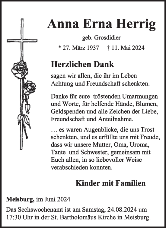 Traueranzeige von Anna Erna Herrig von WochenSpiegel