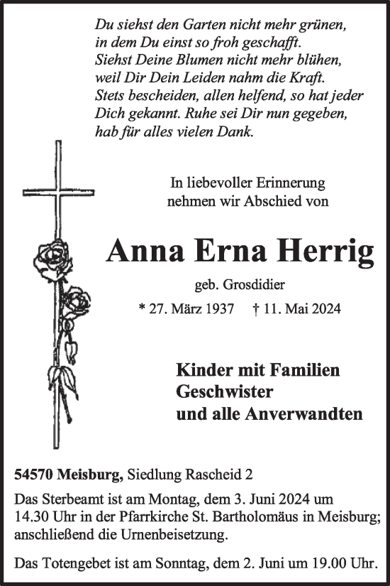 Traueranzeige von Anna Erna Herrig von WochenSpiegel