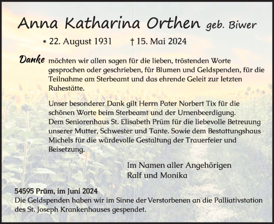 Traueranzeige von Anna Katharina Orthen von WochenSpiegel