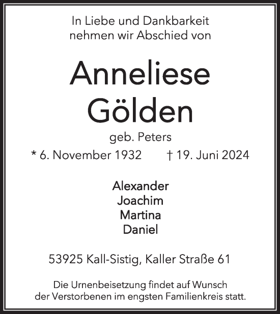 Traueranzeige von Anneliese Gölden von WochenSpiegel