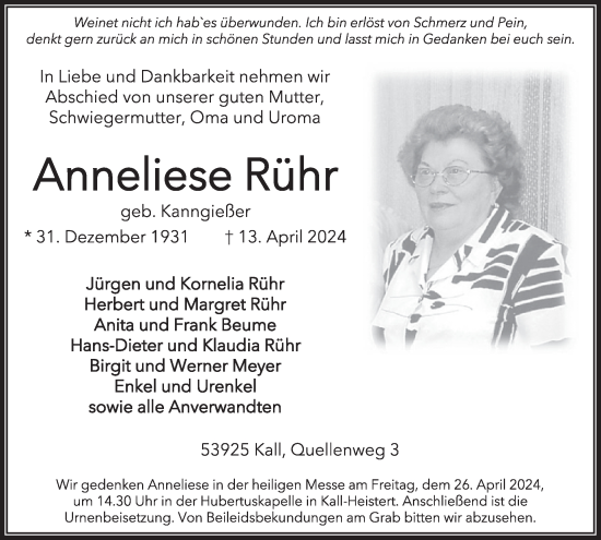 Traueranzeige von Anneliese Rühr von WochenSpiegel