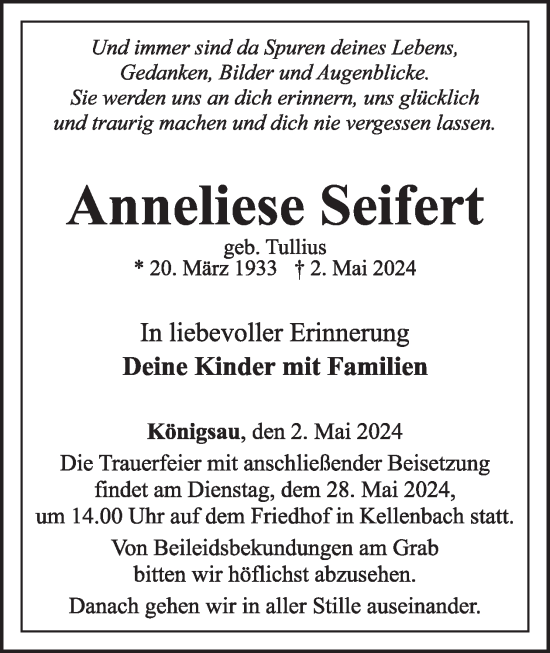 Traueranzeige von Anneliese Seifert von WochenSpiegel