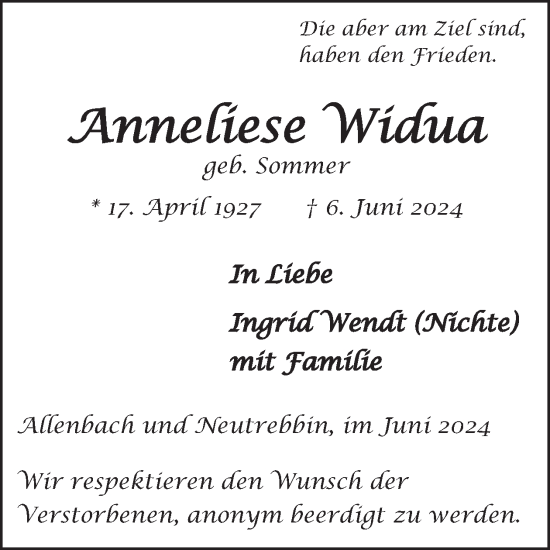 Traueranzeige von Anneliese Widua von WochenSpiegel
