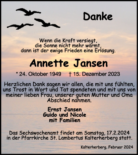 Traueranzeige von Annette Jansen von WochenSpiegel