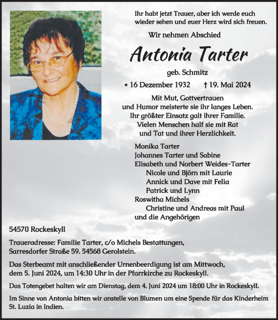 Traueranzeige von Antonia Tarter von WochenSpiegel