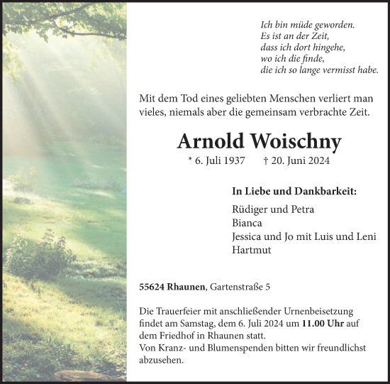 Traueranzeige von Arnold Woischny von WochenSpiegel