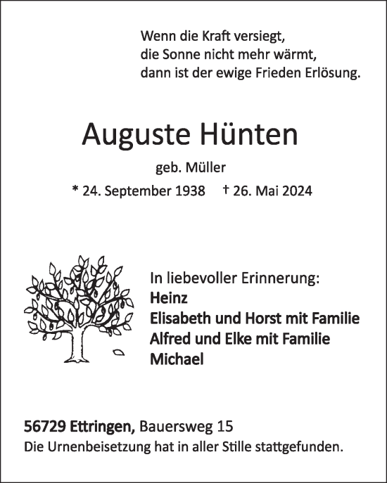 Traueranzeige von Auguste Hünten von WochenSpiegel