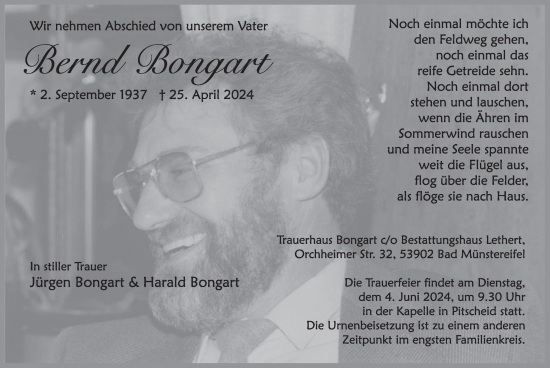 Traueranzeige von Bernd Bongart von WochenSpiegel