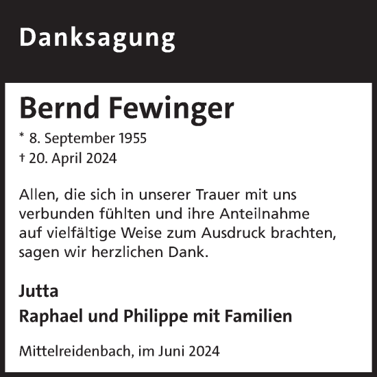 Traueranzeige von Bernd Fewinger von WochenSpiegel