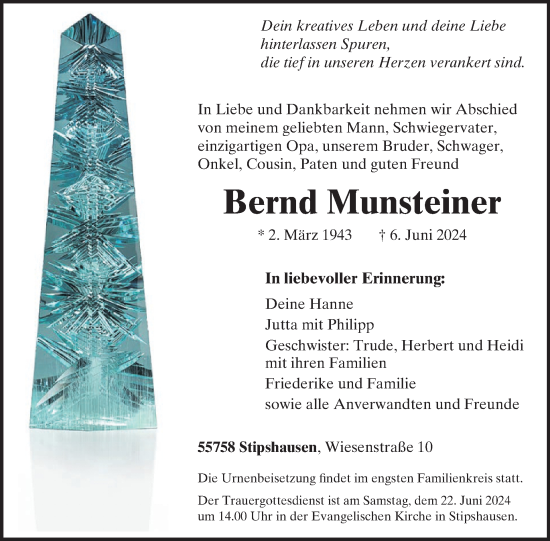 Traueranzeige von Bernd Munsteiner von WochenSpiegel