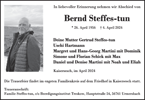 Traueranzeige von Bernd Steffes-tun von WochenSpiegel
