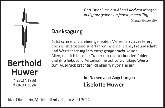 Traueranzeige von Berthold Huwer von WochenSpiegel