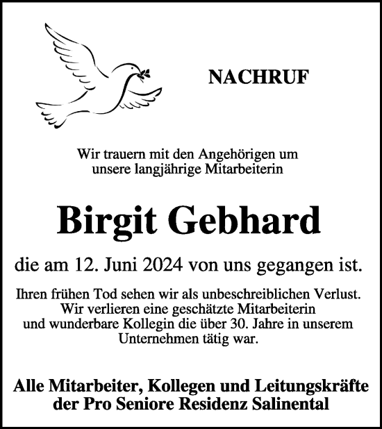 Traueranzeige von Birgit Gebhard von WochenSpiegel