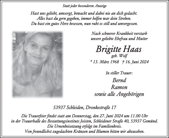 Traueranzeige von Brigitte Haas von WochenSpiegel