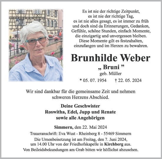 Traueranzeige von Brunhilde Weber von WochenSpiegel