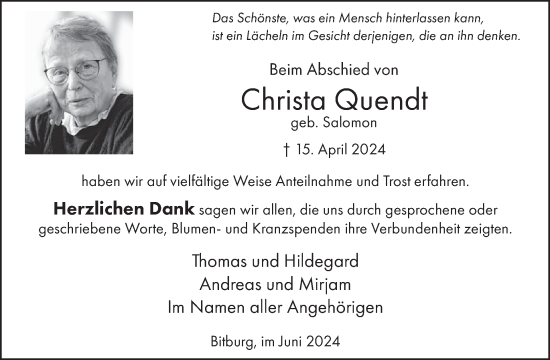 Traueranzeige von Christa Quendt von WochenSpiegel