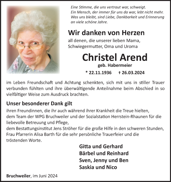 Traueranzeige von Christel Arend von WochenSpiegel