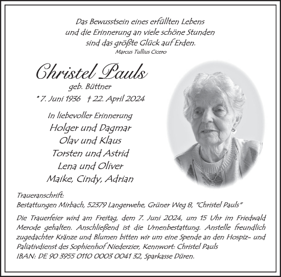 Traueranzeige von christel Pauls von WochenSpiegel
