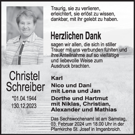 Traueranzeige von Christel Schreiber von WochenSpiegel