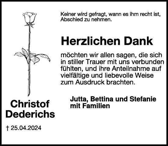 Traueranzeige von Christof Dederichs von WochenSpiegel